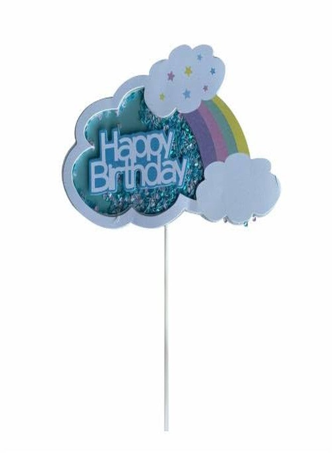 OM KRAFT “Happy Birthday” Cloud Topper | Blue Glitter Cloud with Rainbow & Stars | 1 Pc Celebration Stick - Image 2